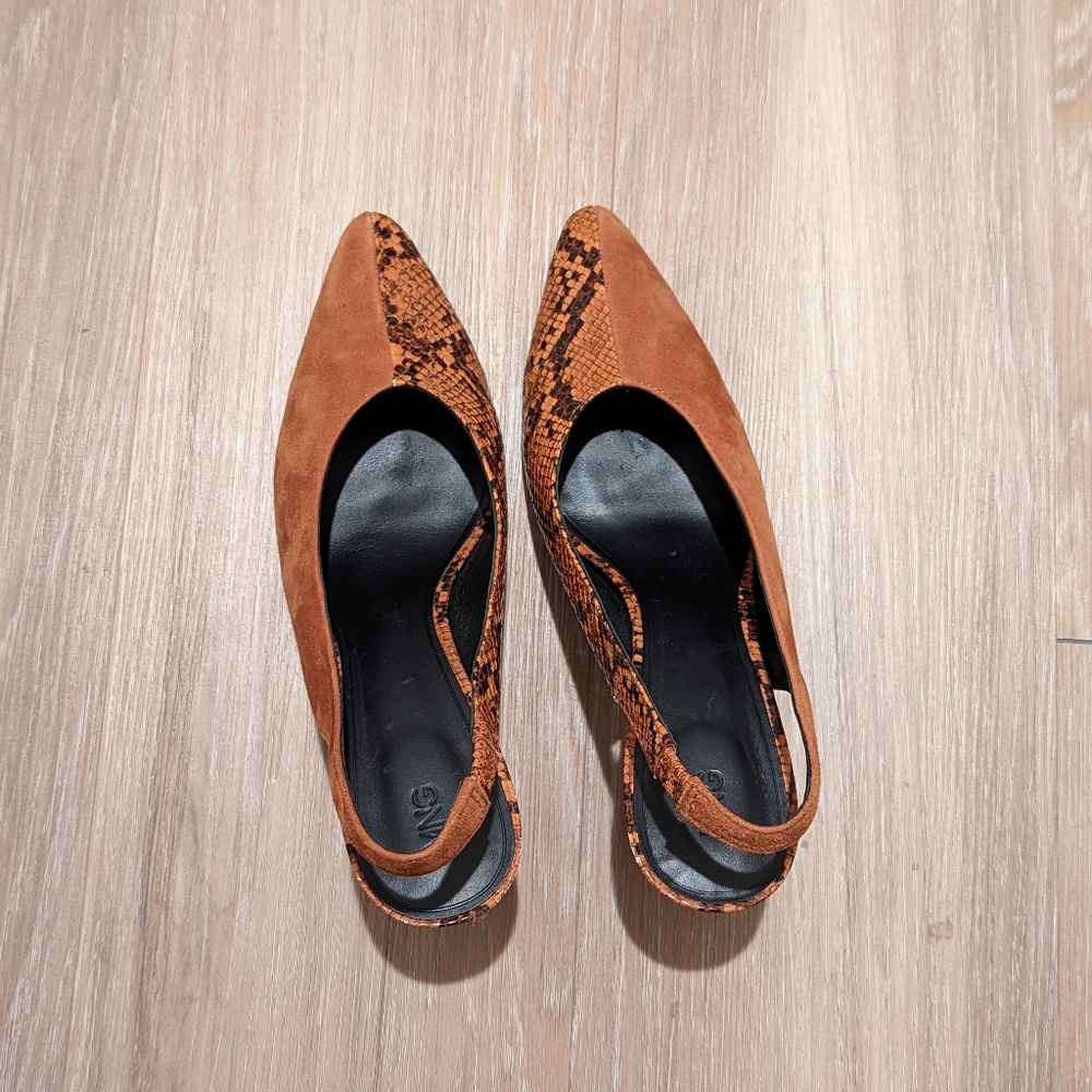 Mango Faux Snakeskin Suede Slingback Heels Size US 9.5 Cognac - Picture 3 of 15